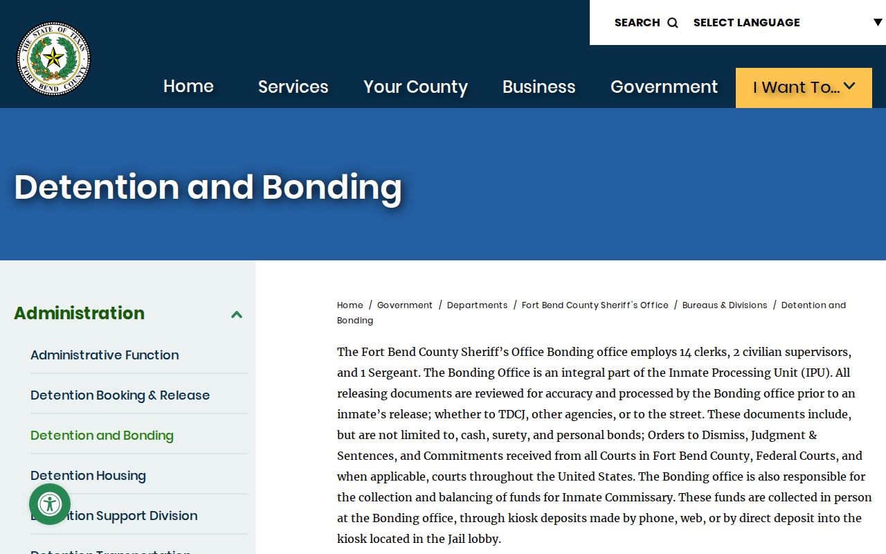 Fort Bend County arrest booking detention and bonding workflow
