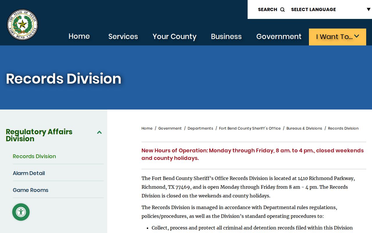 Fort Bend County arrest report Records Division contact page