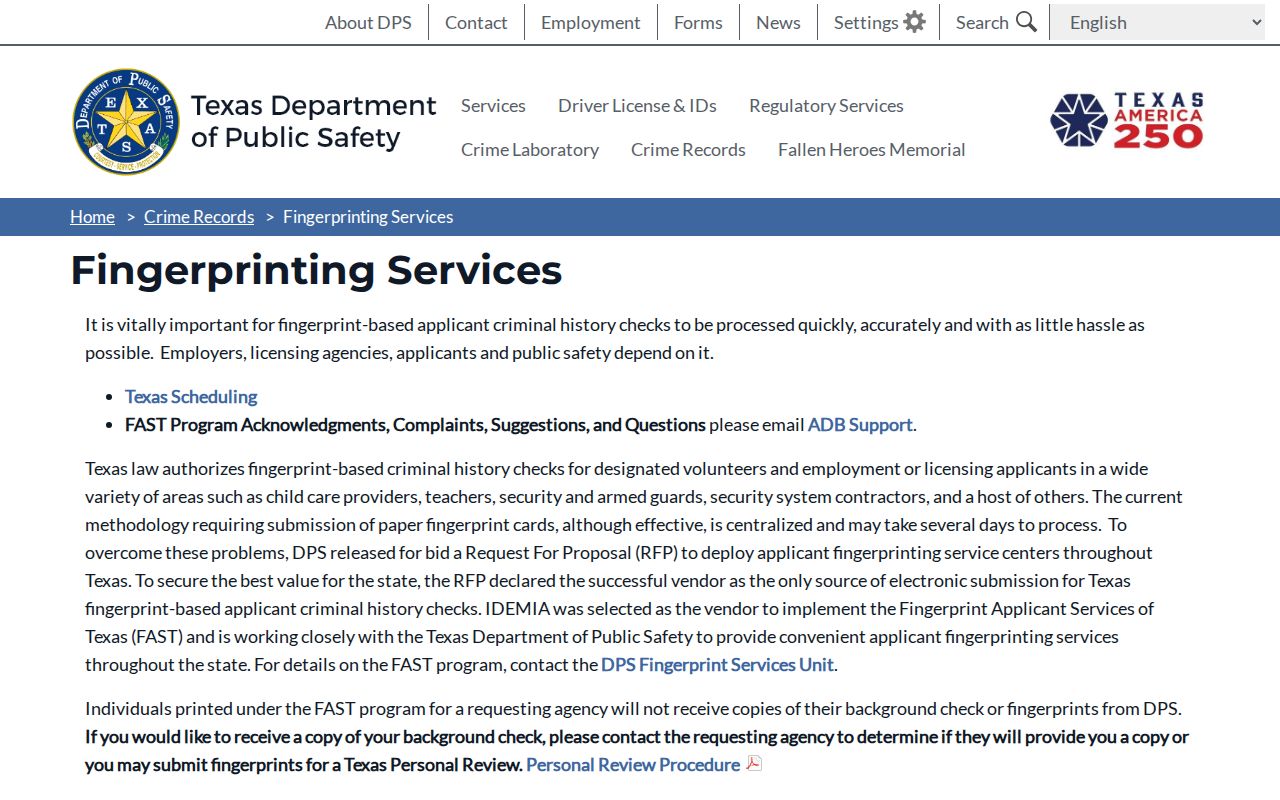 Fort Bend County criminal history DPS fingerprint services