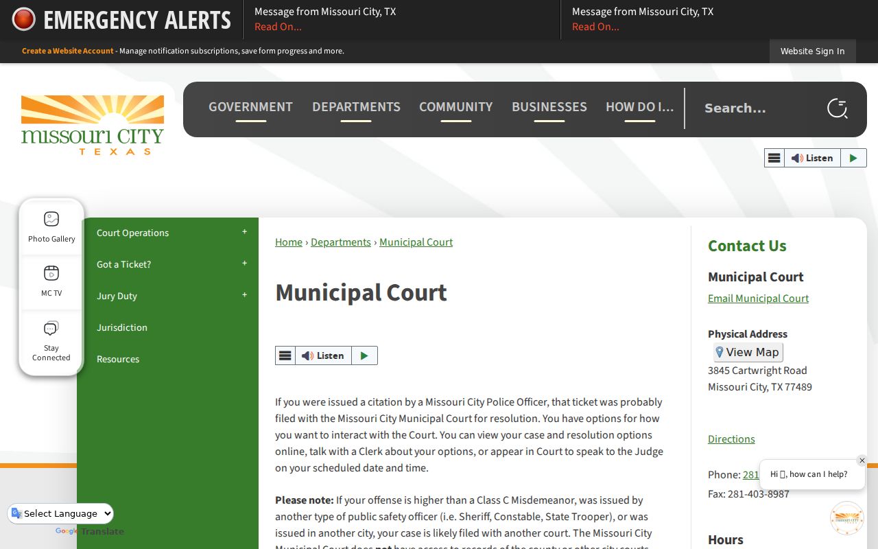 Missouri City Fort Bend County criminal records Municipal Court page
